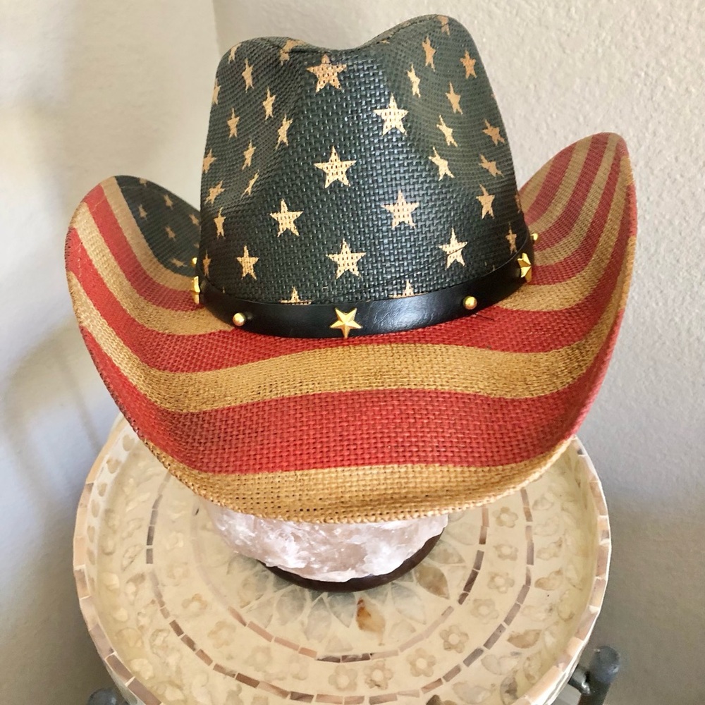 Patriotic Straw Cowboy Hat with Star Stud Trim - Red, Blue, Gold